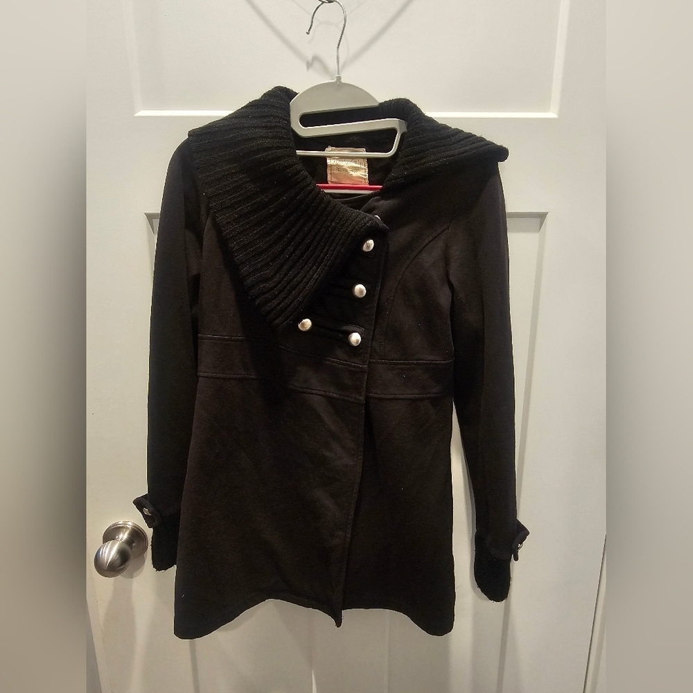 Hooked Up by IOT Women’s Medium Black Shawl Collar Peacoat Jacket w/ Knit Trim